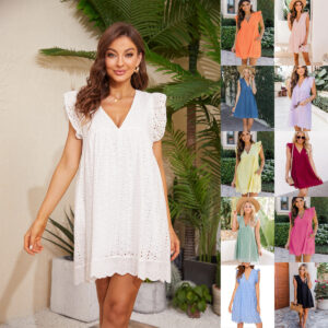 Lace Jacquard Cutout V-Neck Sleeveless Beach Dress – Cotton & Polyester, A-Line, High Waist