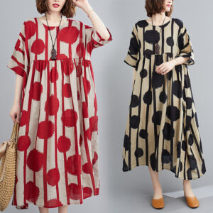 Literary Fat MM Large Size Loose Print Short Sleeve Dress - Comfortable Cotton Blend