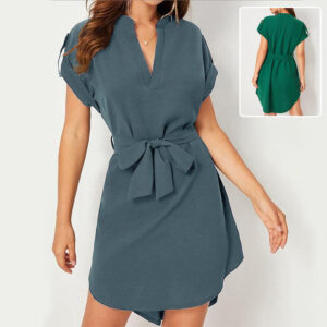 V-neck Short Sleeve Belted Summer Dress – Casual Bowknot Design, Comfortable Fit for Women