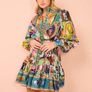 Animal Print Linen Shirt Dress – Casual Button-Down Cardigan Style for Women