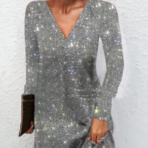 Elegant Long Sleeve Sequined V-Neck Mini Dress for Parties & Nights Out