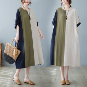 Breezy Cotton And Linen Loose Elegant Half Sleeve Contrast Paneled Dress