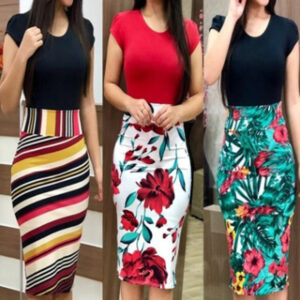 ​Plus Size Printed Office Midi Pencil Dress – Elegant Milk Silk Workwear for Women