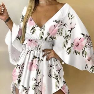 Ladies' Floral Print Waist With Ruffled Edges, Big V-neck, Sexy Asymmetrical Hem, Elegant Seaside Vacation Style Short Dress | Quitse