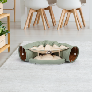 Collapsible Cat Tunnel Bed for indoor cats with hanging toys