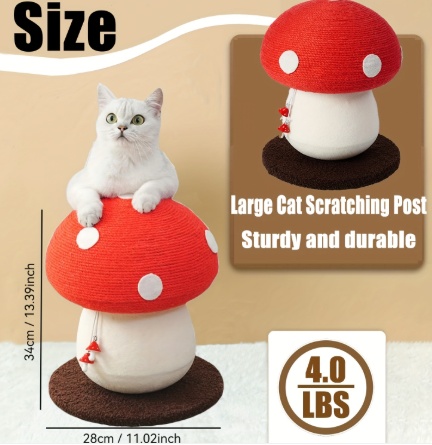 Mushroom Cat Scratching Post Red and White Design