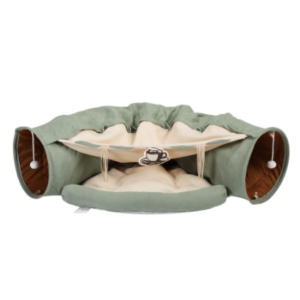 Collapsible Cat Tunnel Bed for indoor cats with hanging toys