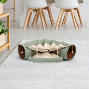 Collapsible Cat Tunnel Bed for Indoor Cats with Hanging Toys & Cushion Mat – Washable, Coffee / Green / Yellow