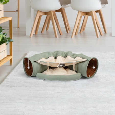 Collapsible Cat Tunnel Bed for Indoor Cats with Hanging Toys & Cushion Mat – Washable, Coffee / Green / Yellow