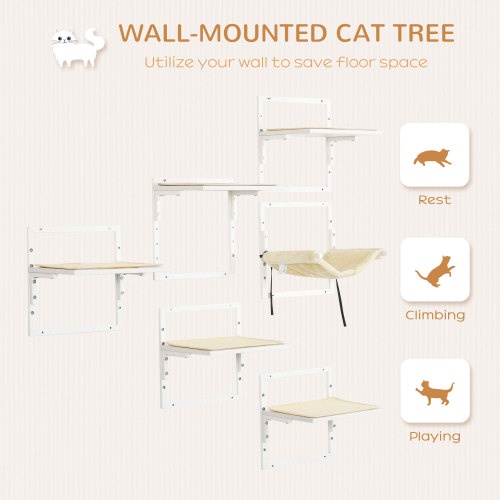 Cat Wall Shelves with Plush Hammock Cream White