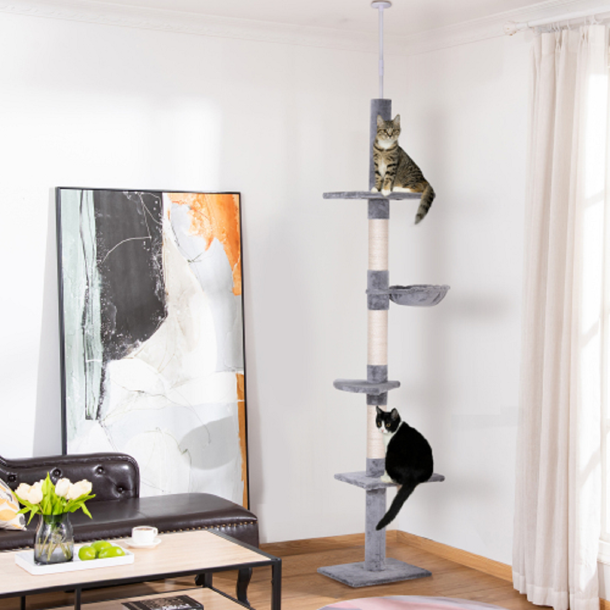 9 Foot Floor to Ceiling Cat Tree in grey and white