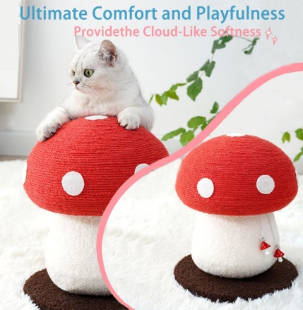 Mushroom Cat Scratching Post Red and White Design